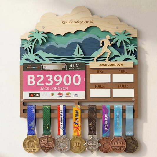 Coastal Running Medal Holder with Race Bib Display – Beach Marathon Medal Hanger