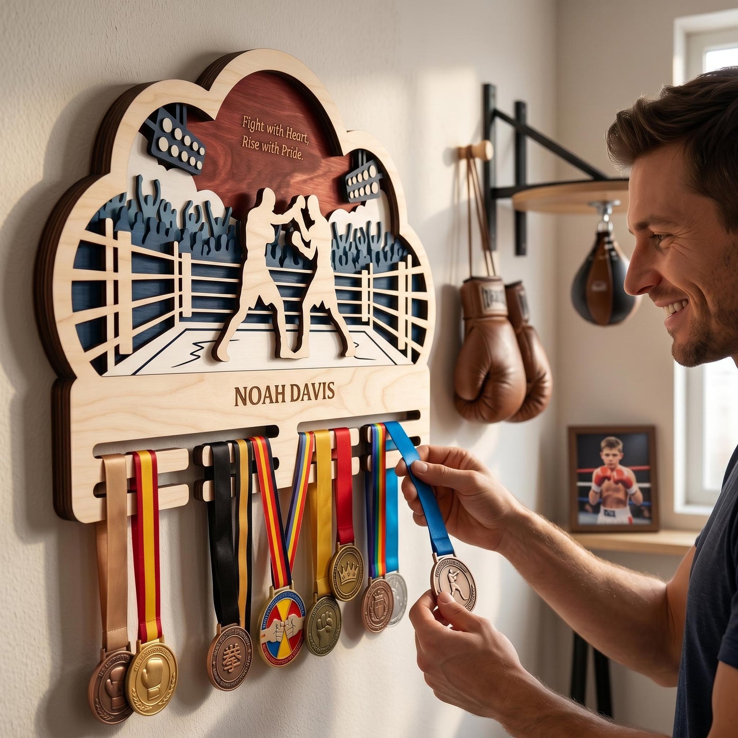 Boxing Medal Holder Personalized – Custom Fighter Medal Display with Name