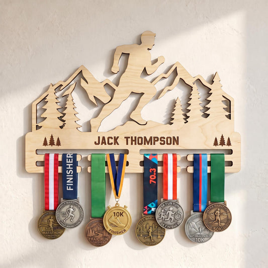 Trail Runner Medal Display Wood – Personalized Mountain Race Medal Rack