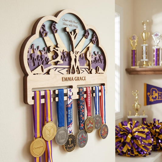 Cheer Medal Holder Personalized – Custom Cheerleader Medal Hanger & Bow Holder