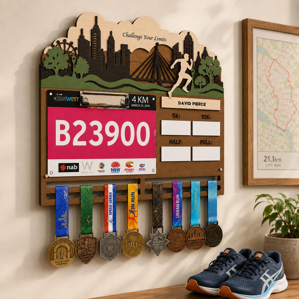 Running Medal Hanger for Him – Race Bib Display & PR Tracker