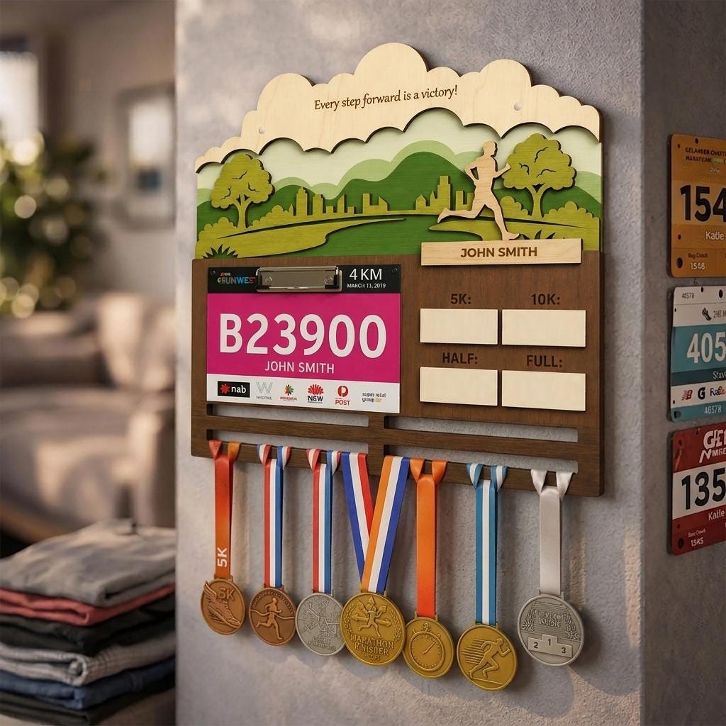 Urban Runner Medal Holder with Race Bib Display – Downtown City Marathon Medal Hanger