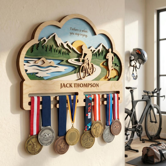 Personalized Triathlon Medal Holder – Swim Bike Run Medal Display