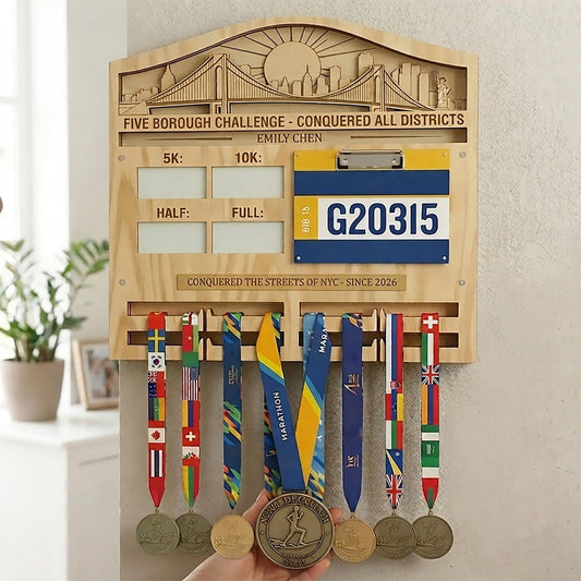 New York Runner Medal Holder with Race Bib Display – NYC 26.2 Skyline Medal Hanger