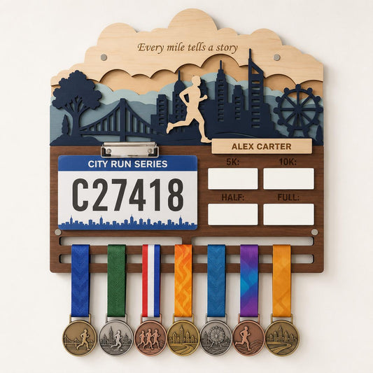 Name Medal Hanger for Runners – Personalized Running Medal Holder with Race Bib Display &