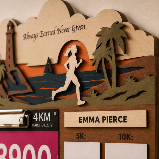 Coastal Runner Medal Hanger with PR Tracker – Seaside Race Bib Display