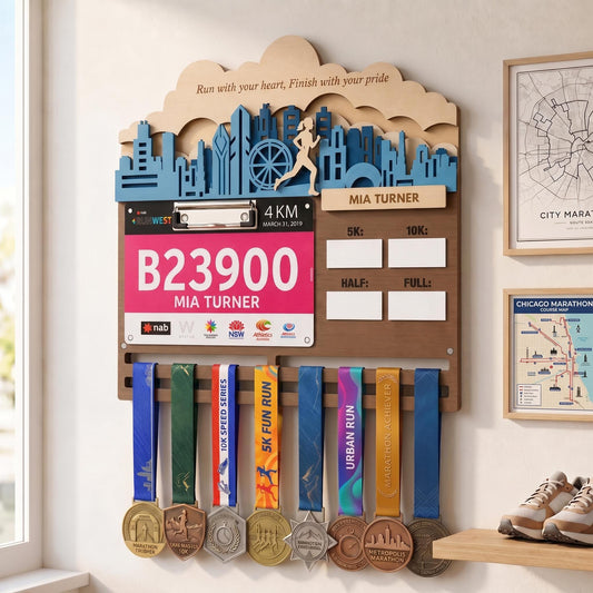 Chicago Runner Medal Hanger – Skyline Race Bib Display & PR Tracker