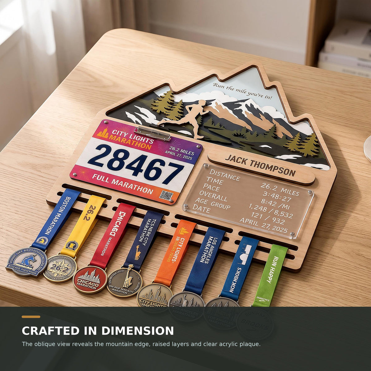 Mountain runner medal holder with race stats board – bib clip and stats board detail