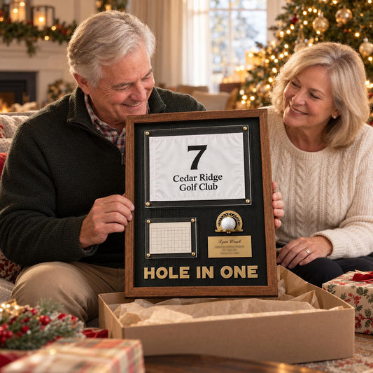 Hole in One Flag Display Case – Golf Pin Flag Shadow Box Frame, Scorecard Ball Holder