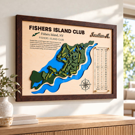 Golf simulator room decor course map – framed 3D map with scorecard