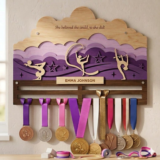 Personalized gymnastics medal holder with custom name plaque