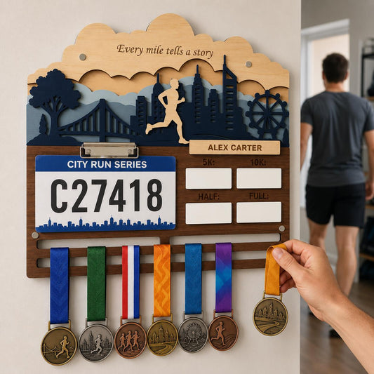 Personalized running medal hanger holding a row of race medals