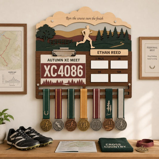 Cross country medal holder with race bib display
