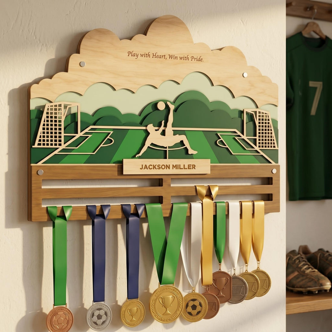 Personalized soccer medal holder with custom name