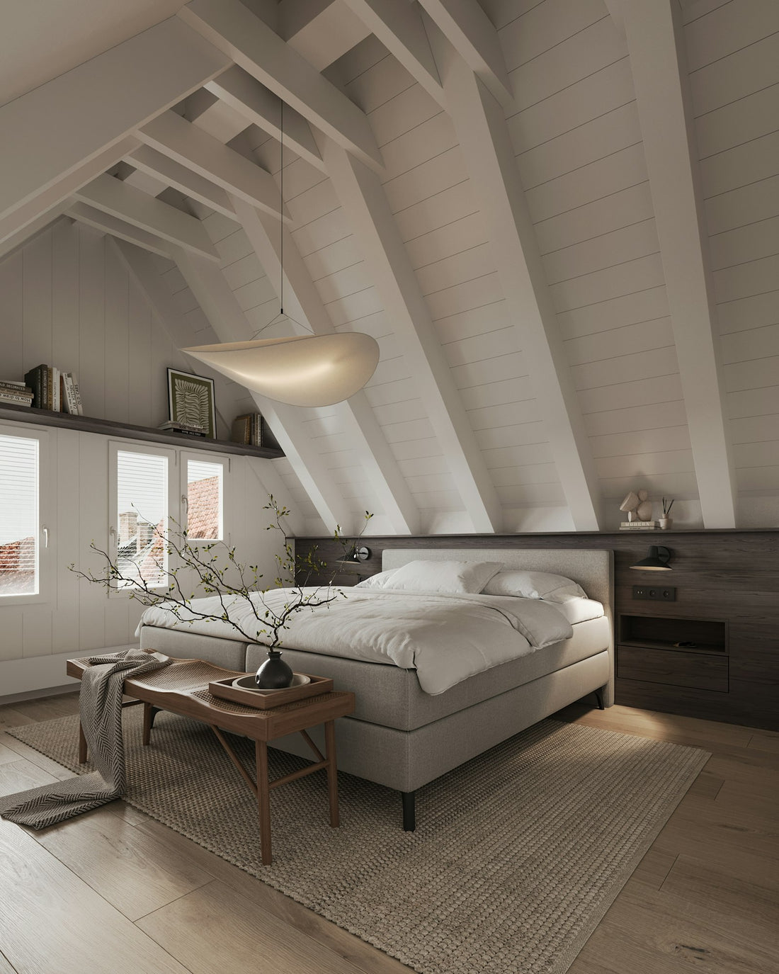A small bedroom with a bed and desk, showing limited wall space