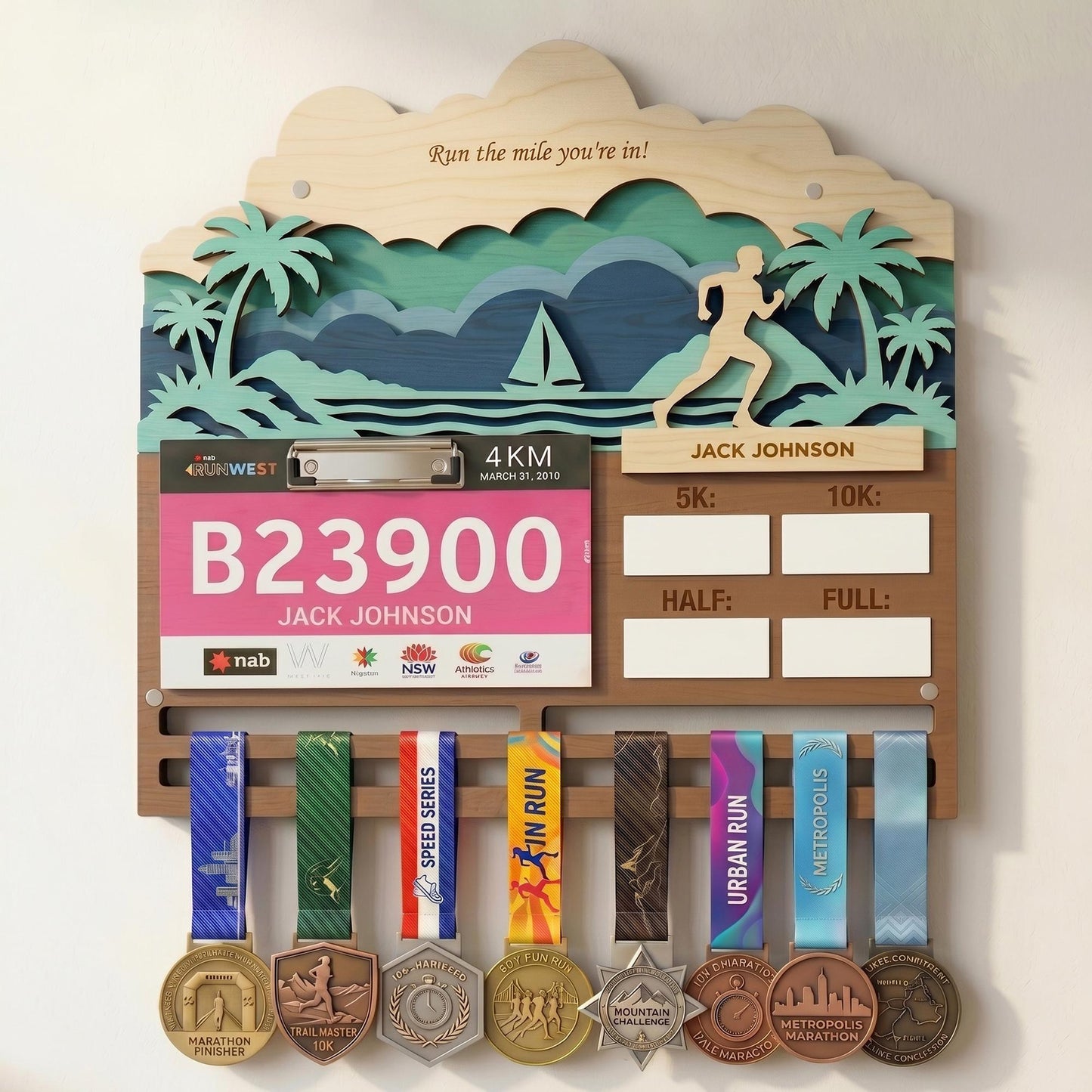 Coastal Running Medal Holder with Race Bib Display – Beach Marathon Medal Hanger