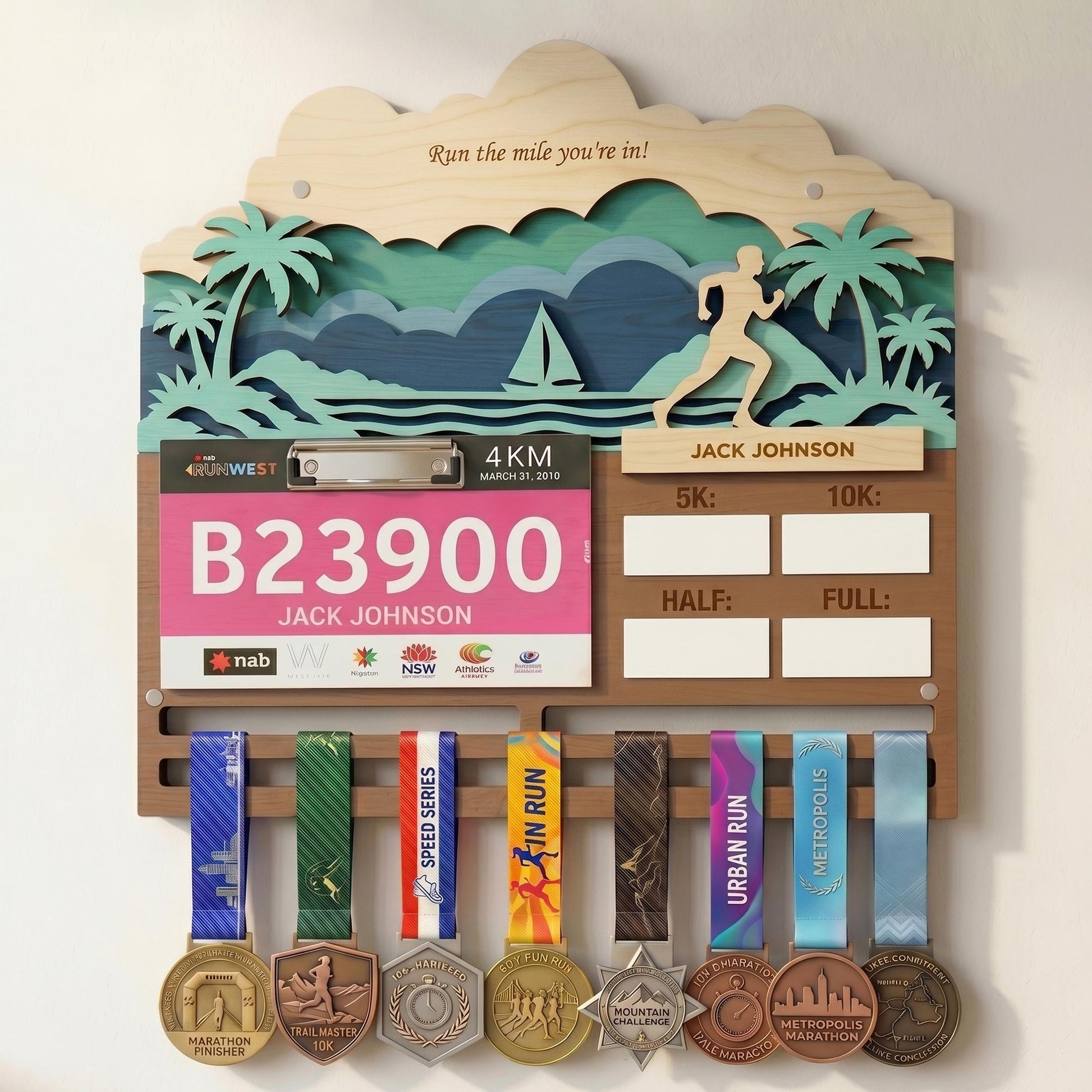 Coastal Running Medal Holder with Race Bib Display – Beach Marathon Medal Hanger