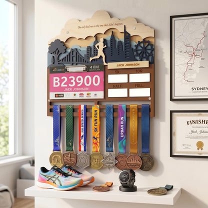Running Medal Holder with Race Bib Display – Personalized City Marathon Medal Hanger