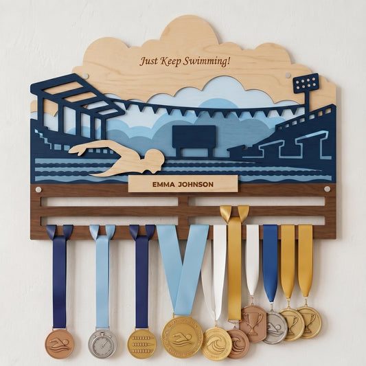 Swimming Medal Holder Personalized – Custom Swim Medal Hanger with Name