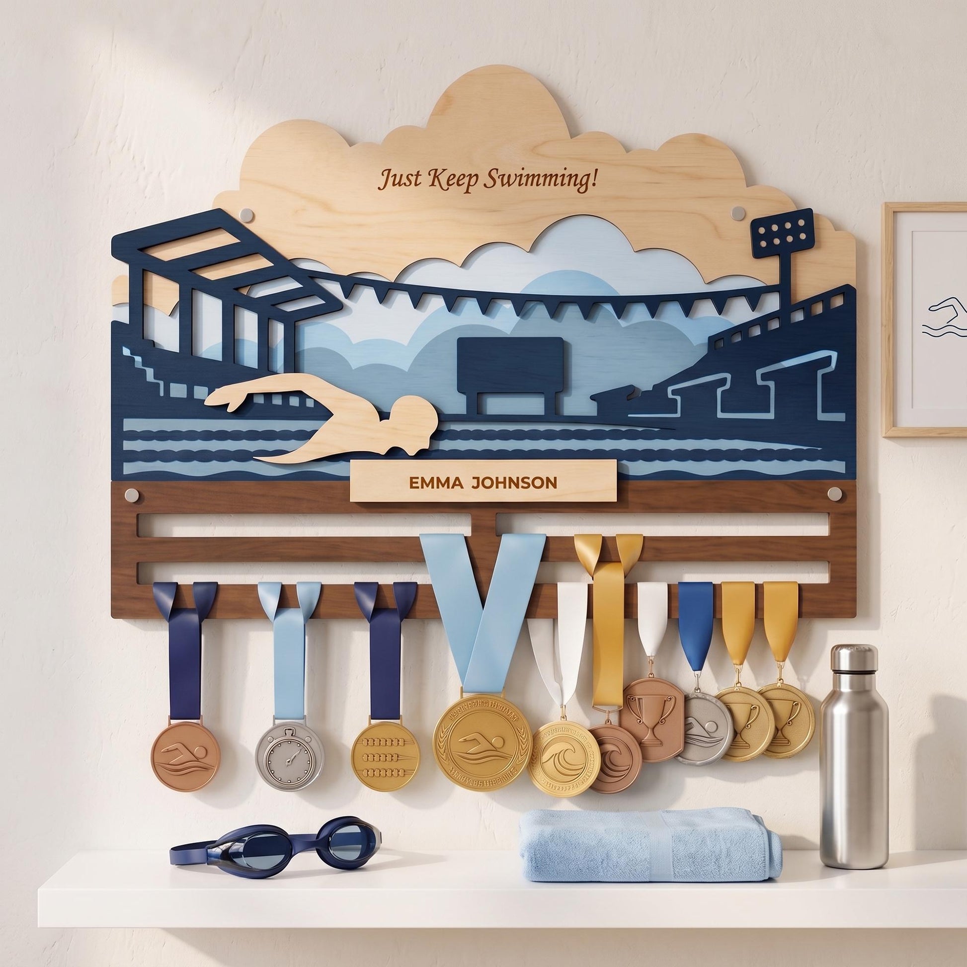 Swimming Medal Holder Personalized – Custom Swim Medal Hanger with Name