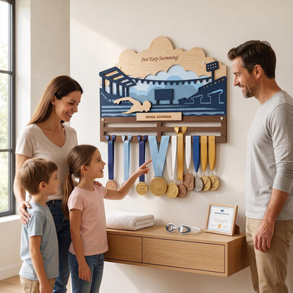 Swimming Medal Holder Personalized – Custom Swim Medal Hanger with Name
