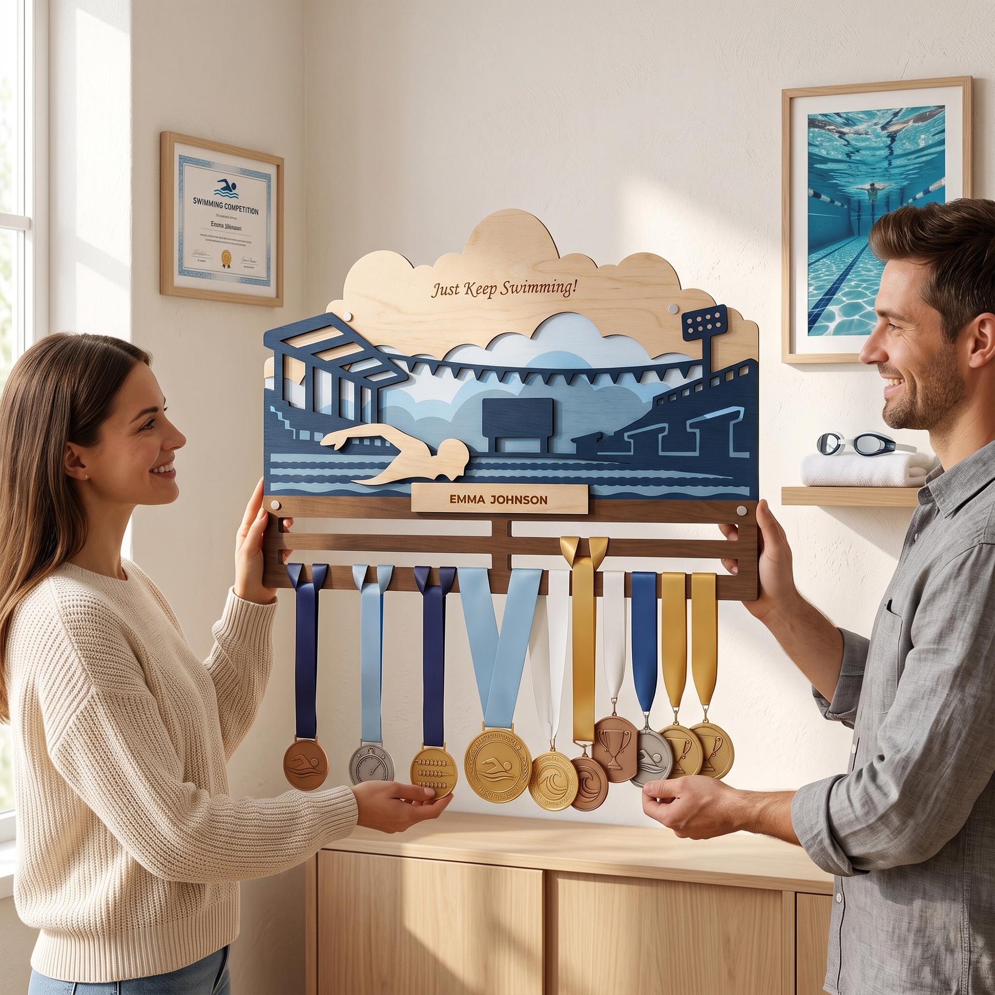 Swimming Medal Holder Personalized – Custom Swim Medal Hanger with Name