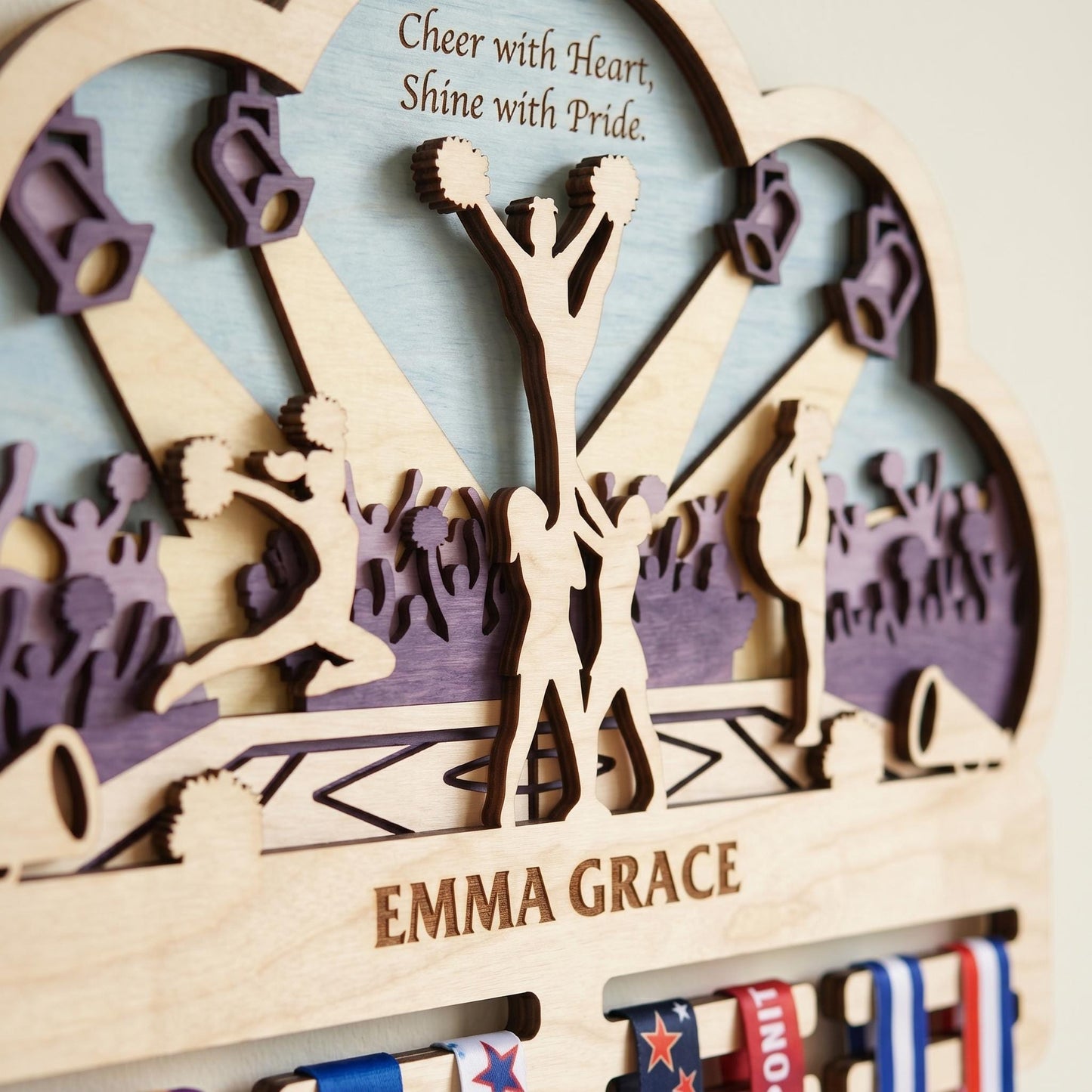 Cheer Medal Holder Personalized – Custom Cheerleader Medal Hanger & Bow Holder