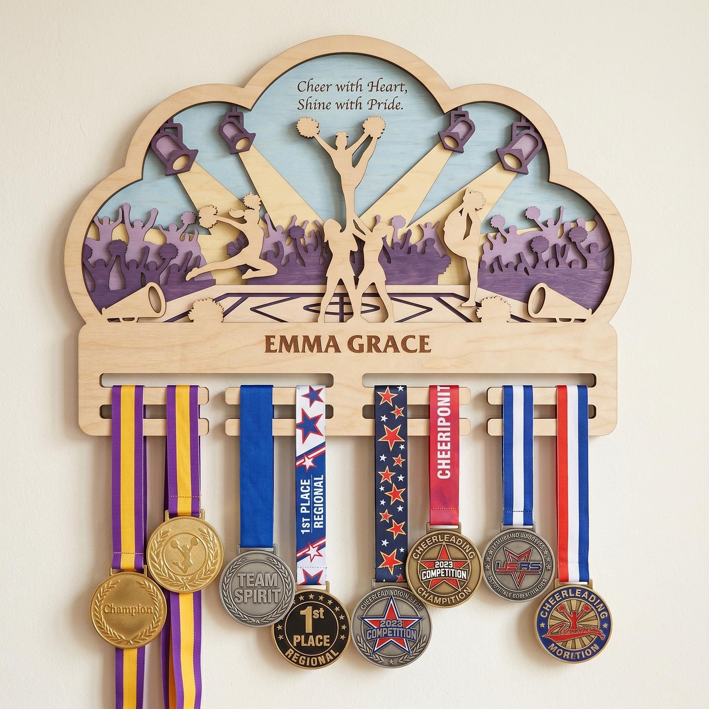 Cheer Medal Holder Personalized – Custom Cheerleader Medal Hanger & Bow Holder