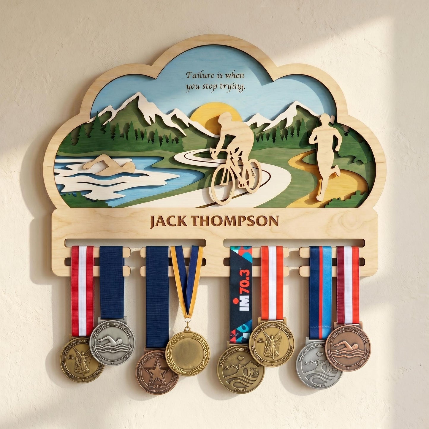 Personalized Triathlon Medal Holder – Swim Bike Run Medal Display