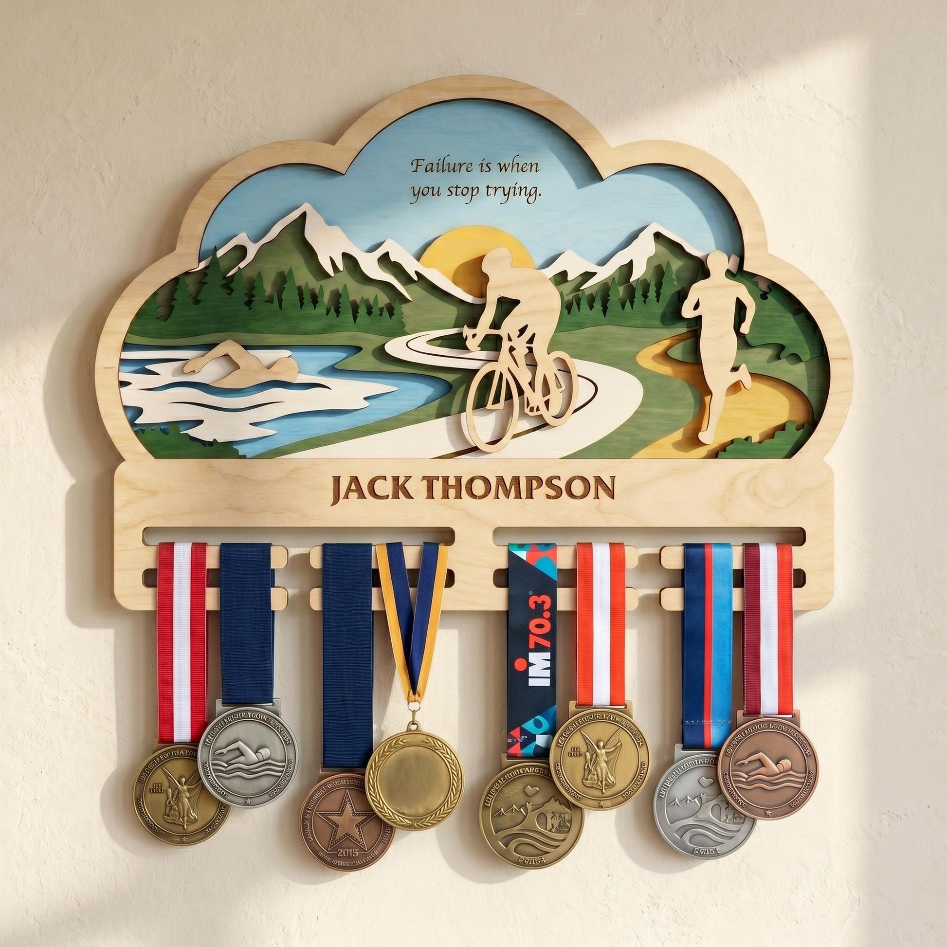 Personalized Triathlon Medal Holder – Swim Bike Run Medal Display