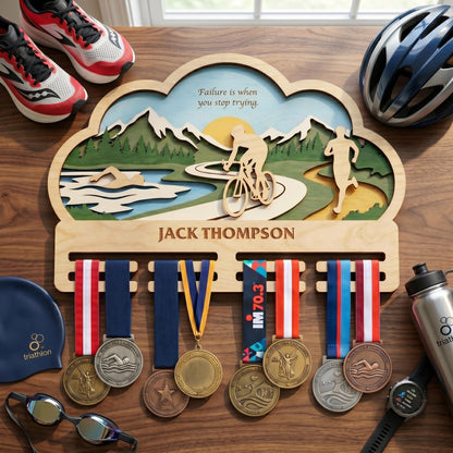 Personalized Triathlon Medal Holder – Swim Bike Run Medal Display