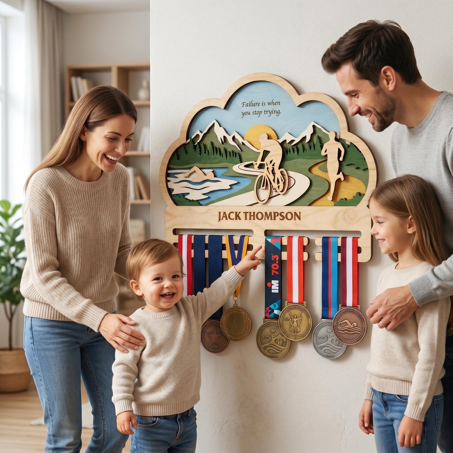 Personalized Triathlon Medal Holder – Swim Bike Run Medal Display
