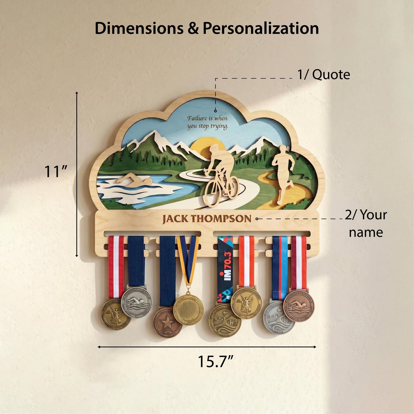 Personalized Triathlon Medal Holder – Swim Bike Run Medal Display