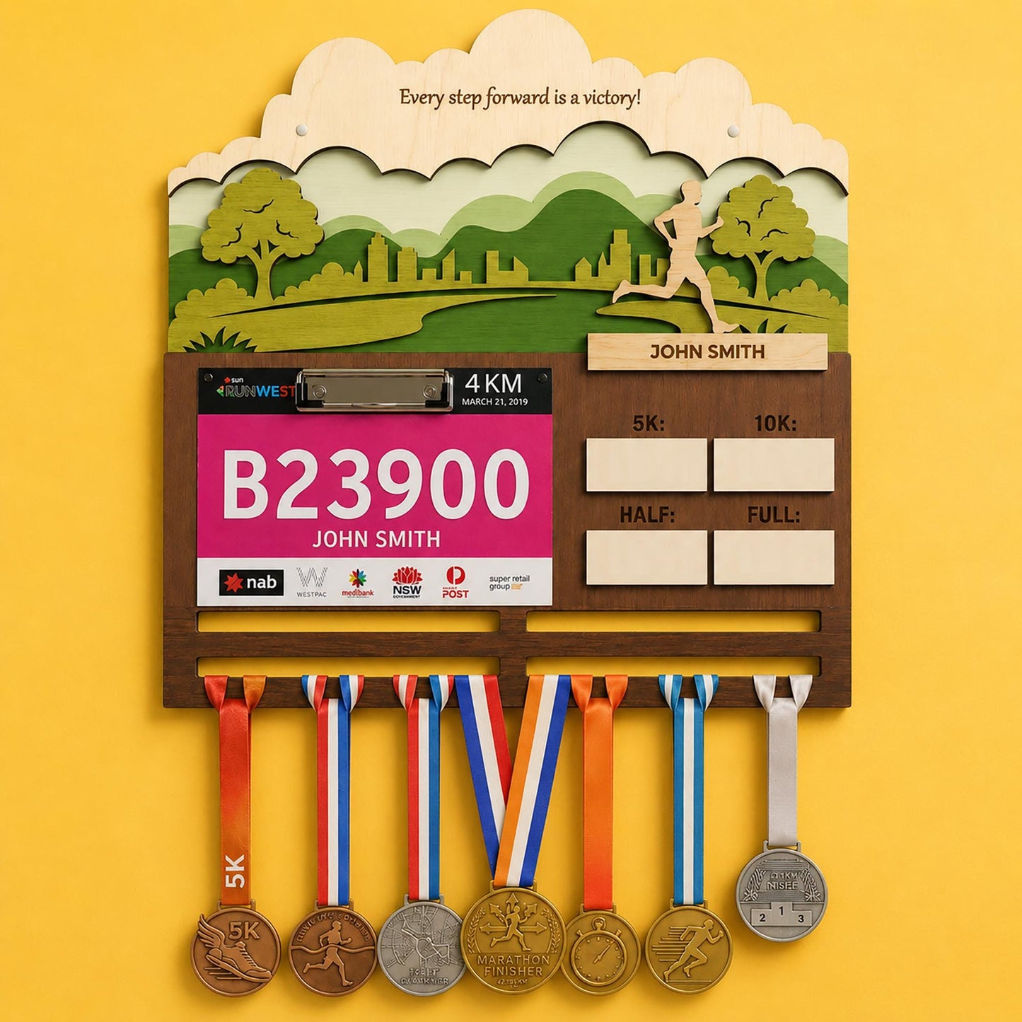 Urban Runner Medal Holder with Race Bib Display – Downtown City Marathon Medal Hanger