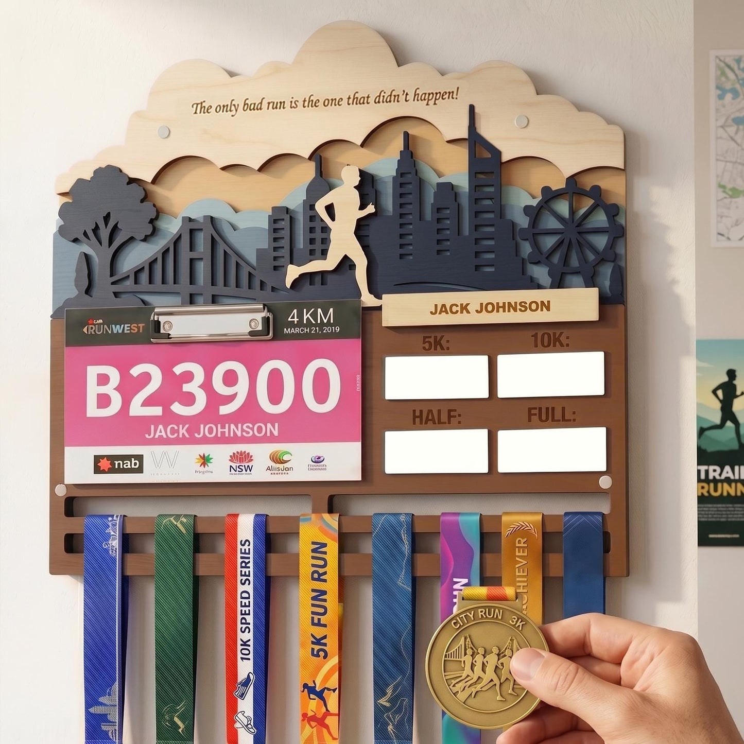 Running Medal Holder with Race Bib Display – Personalized City Marathon Medal Hanger