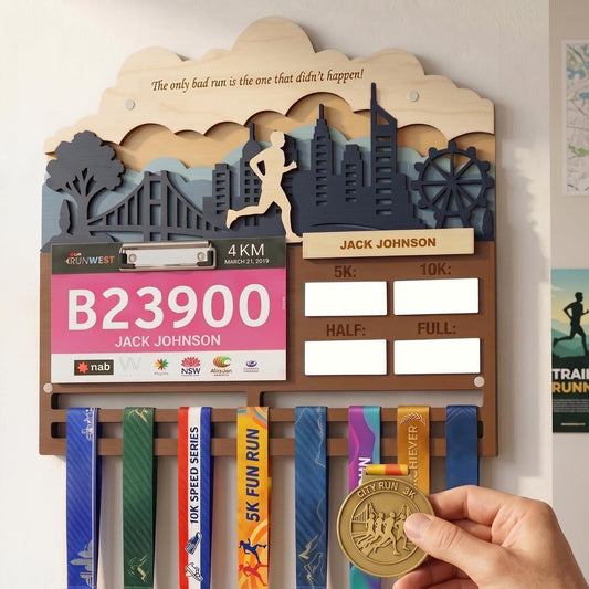 Running Medal Holder with Race Bib Display – Personalized City Marathon Medal Hanger