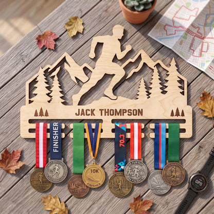 Trail Runner Medal Display Wood – Personalized Mountain Race Medal Rack