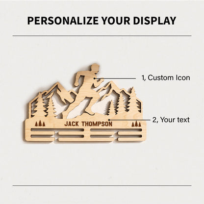Trail Runner Medal Display Wood – Personalized Mountain Race Medal Rack