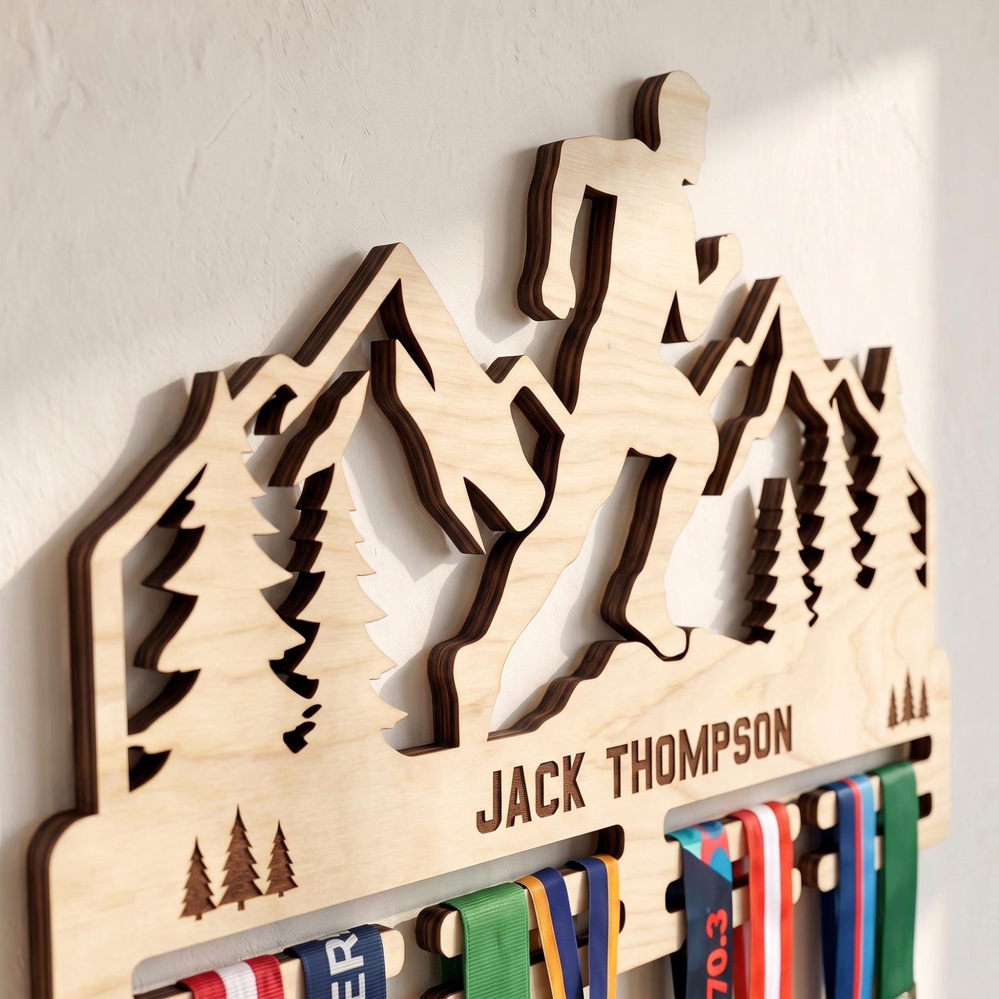 Trail Runner Medal Display Wood – Personalized Mountain Race Medal Rack