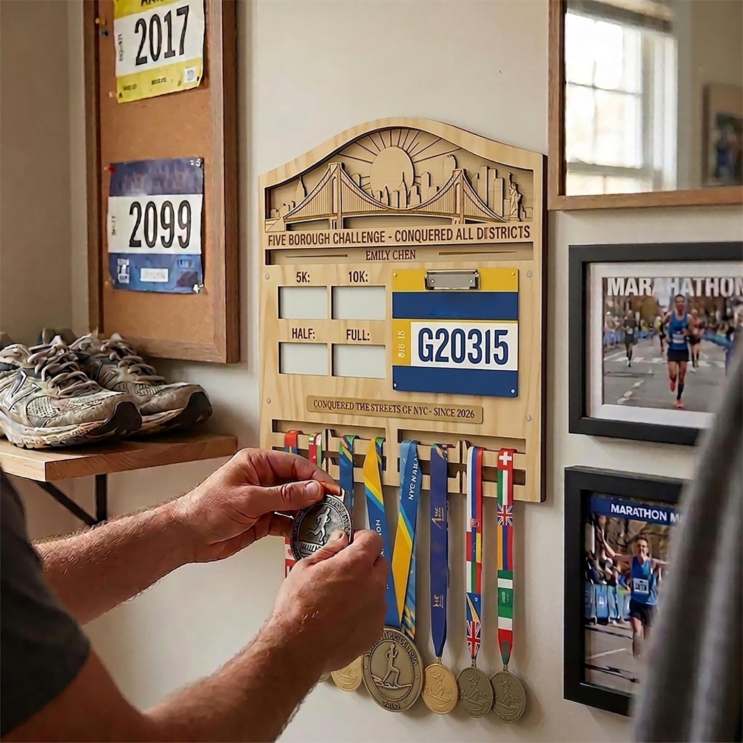New York Runner Medal Holder with Race Bib Display – NYC 26.2 Skyline Medal Hanger