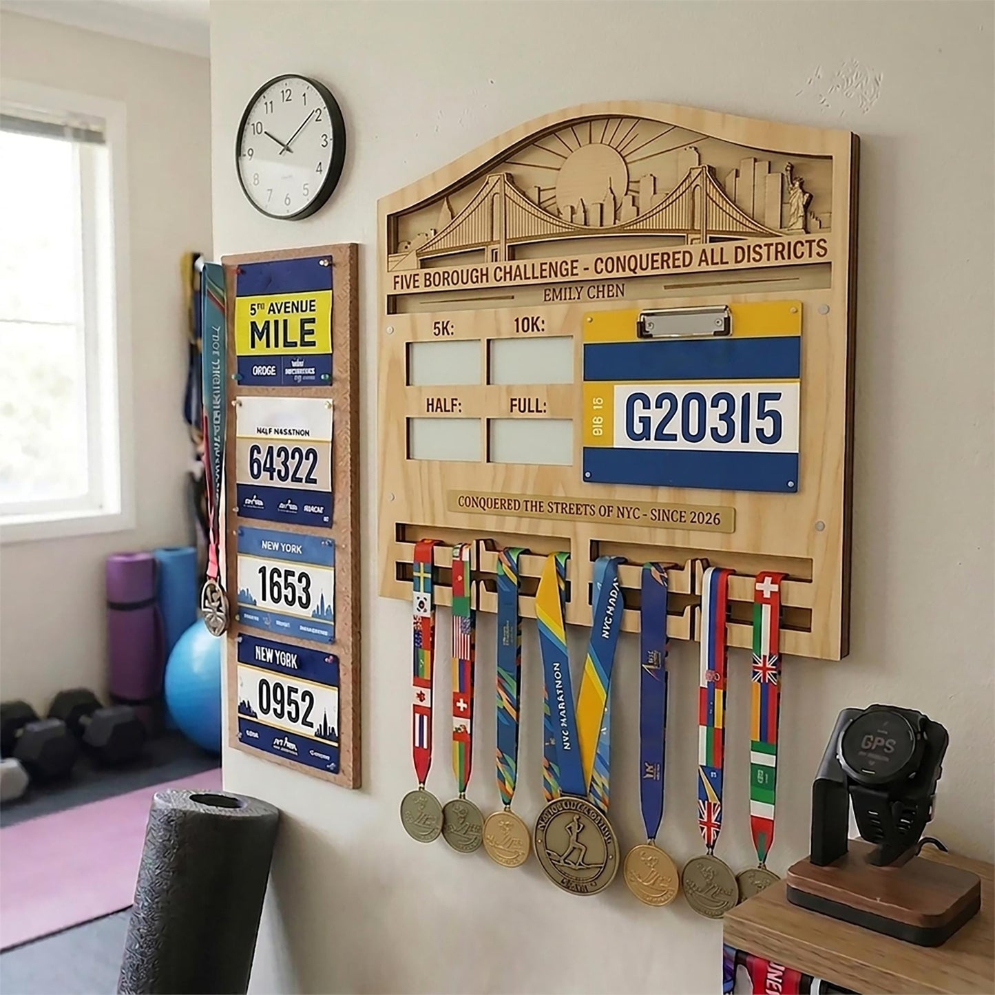 New York Runner Medal Holder with Race Bib Display – NYC 26.2 Skyline Medal Hanger