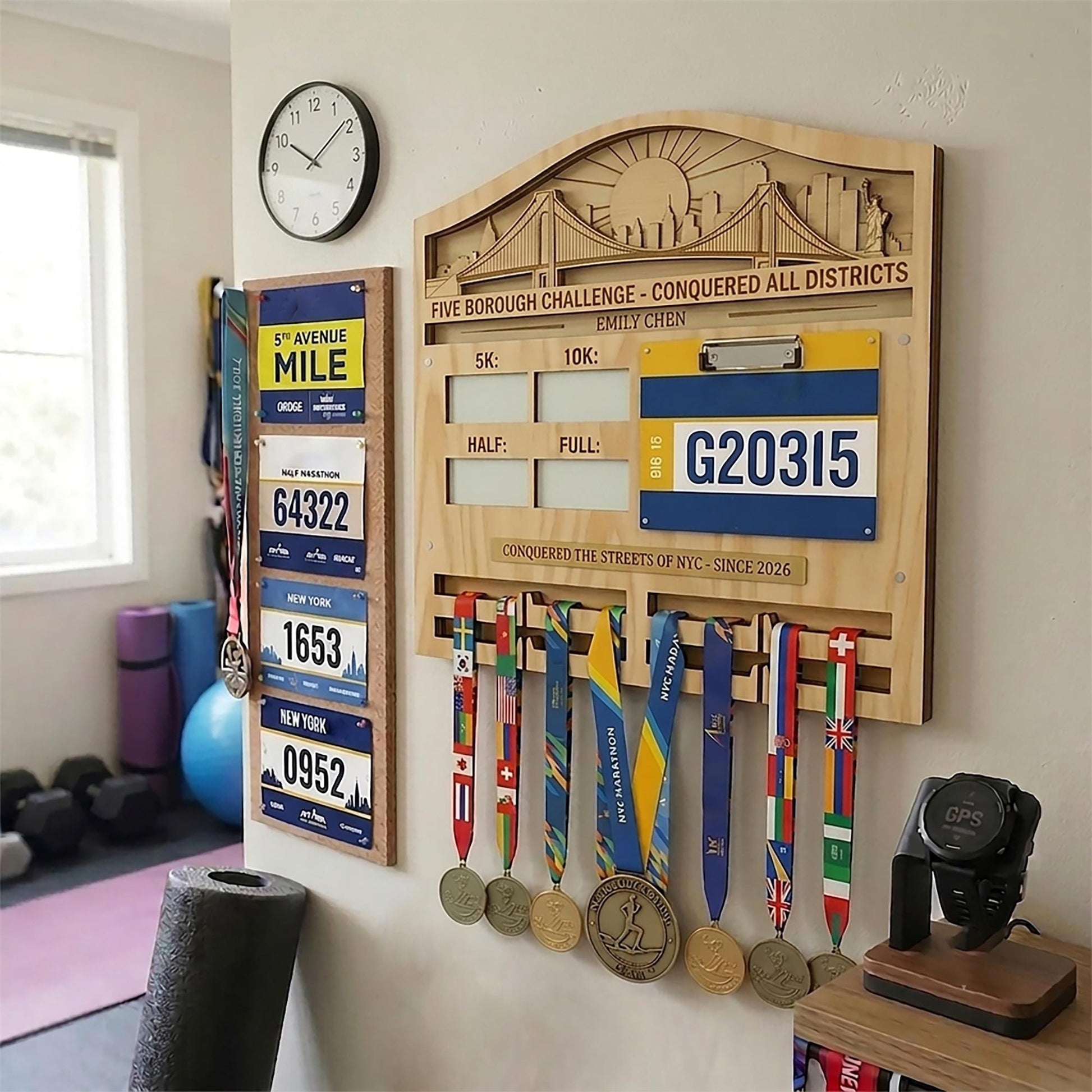 New York Runner Medal Holder with Race Bib Display – NYC 26.2 Skyline Medal Hanger