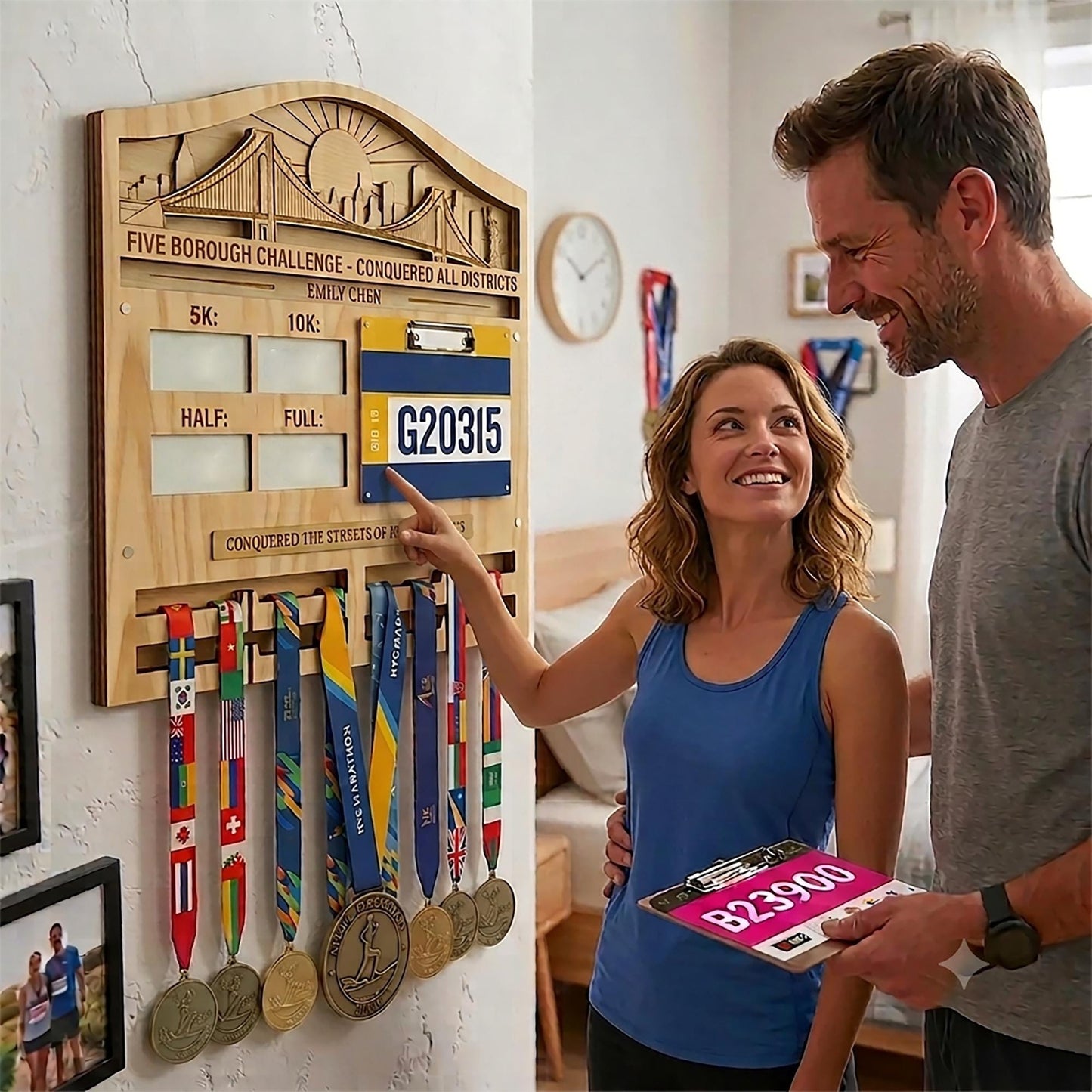 New York Runner Medal Holder with Race Bib Display – NYC 26.2 Skyline Medal Hanger