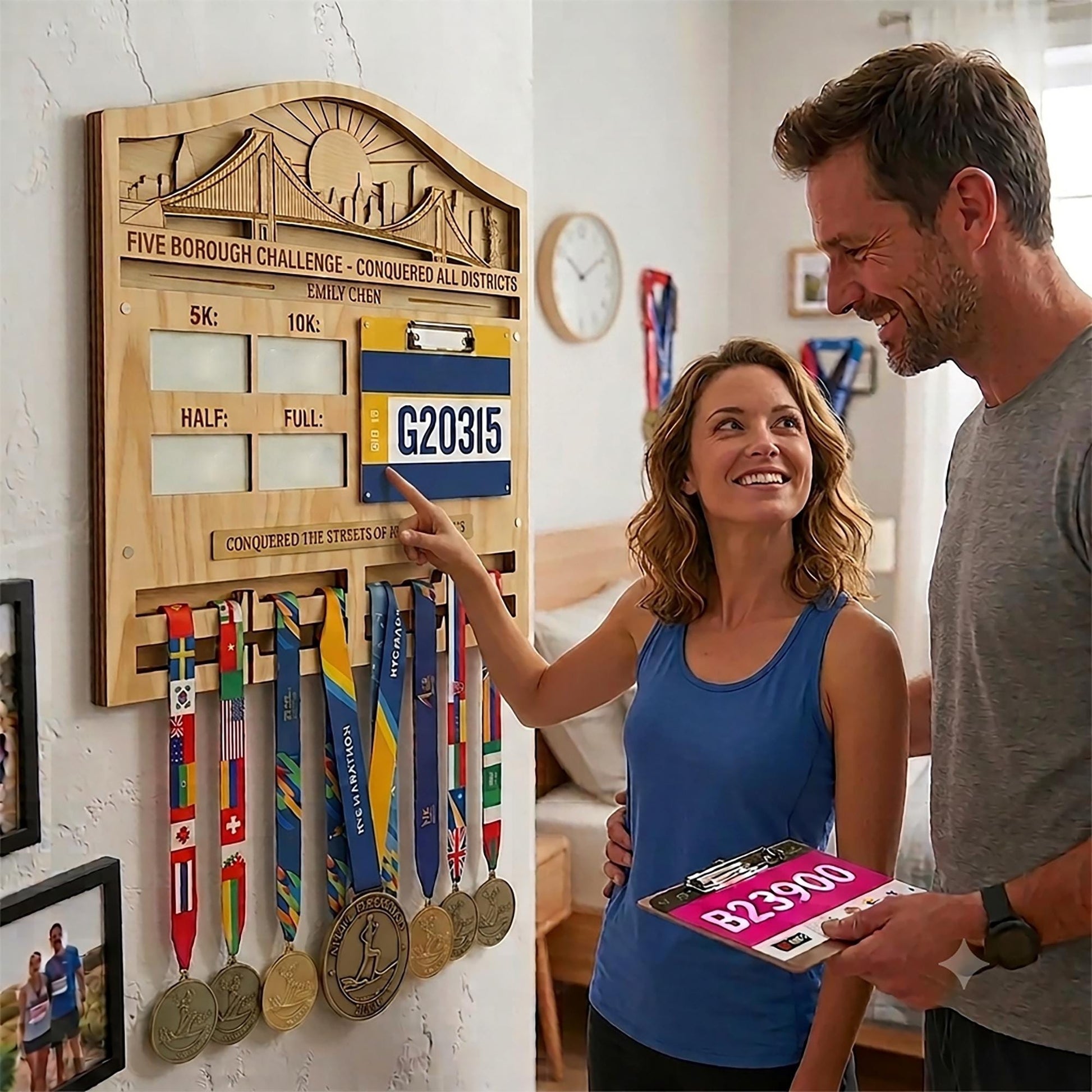 New York Runner Medal Holder with Race Bib Display – NYC 26.2 Skyline Medal Hanger