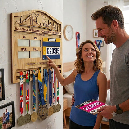 New York Runner Medal Holder with Race Bib Display – NYC 26.2 Skyline Medal Hanger