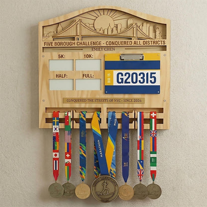 New York Runner Medal Holder with Race Bib Display – NYC 26.2 Skyline Medal Hanger