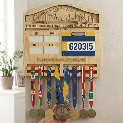 New York Runner Medal Holder with Race Bib Display – NYC 26.2 Skyline Medal Hanger