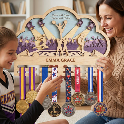 Cheer Medal Holder Personalized – Custom Cheerleader Medal Hanger & Bow Holder