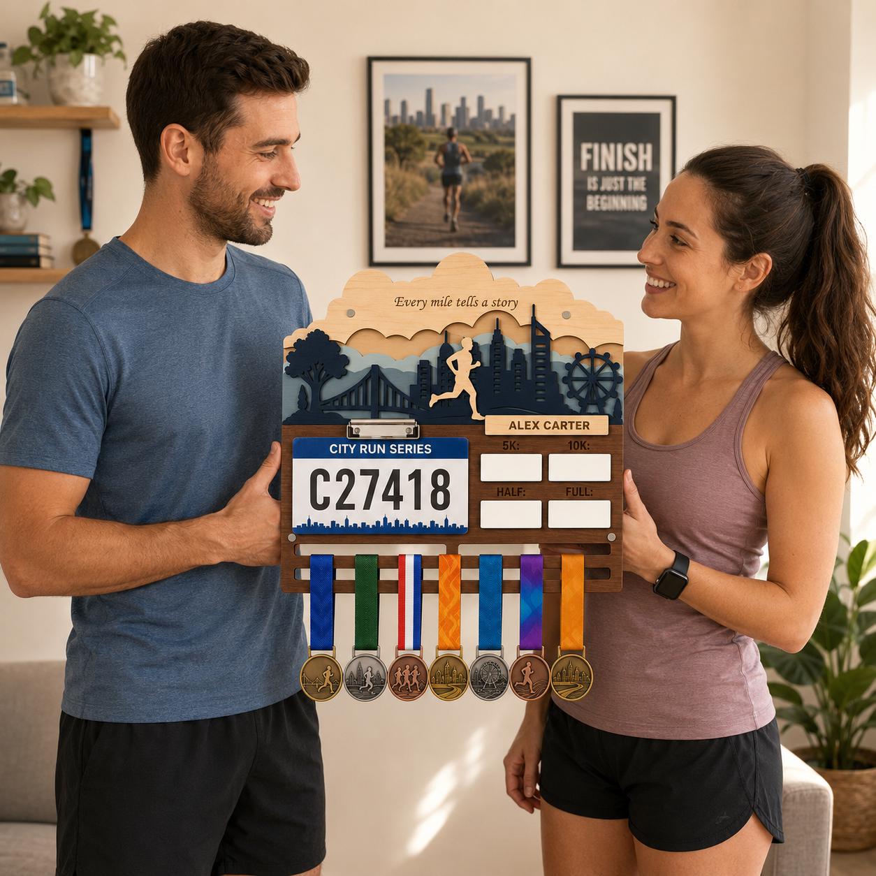 Name Medal Hanger for Runners – Personalized Running Medal Holder with Race Bib Display &