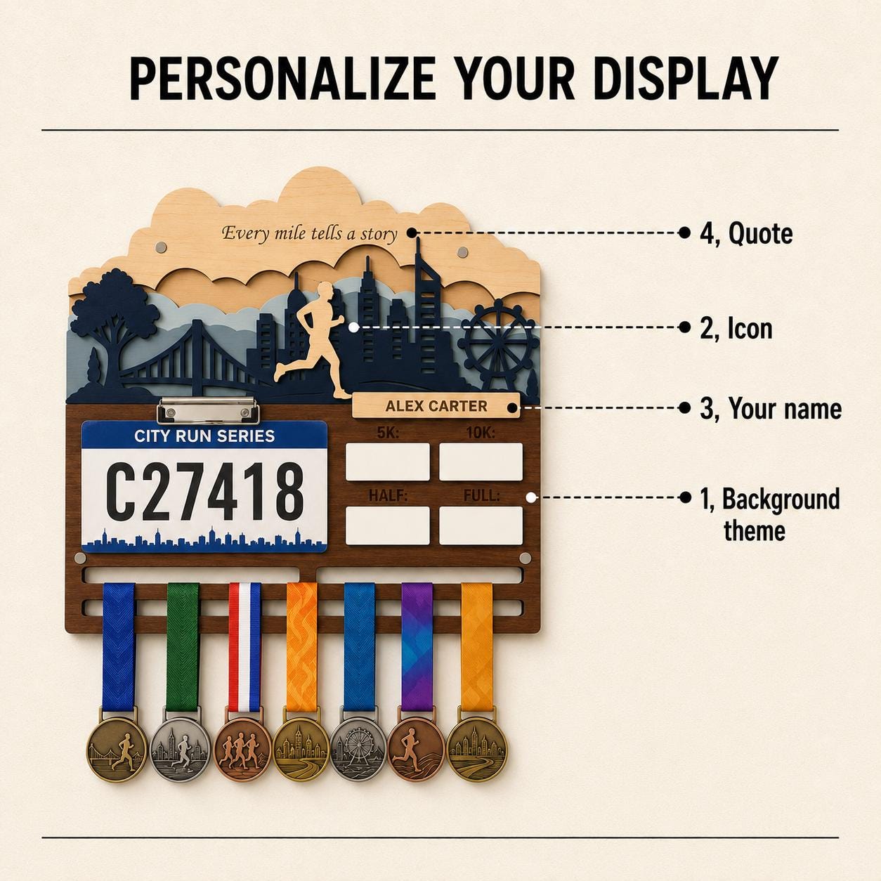 Name Medal Hanger for Runners – Personalized Running Medal Holder with Race Bib Display &